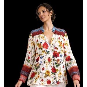 Alice + Olivia White Floral Boho Button-Front Blouse with Red & Blue Accents